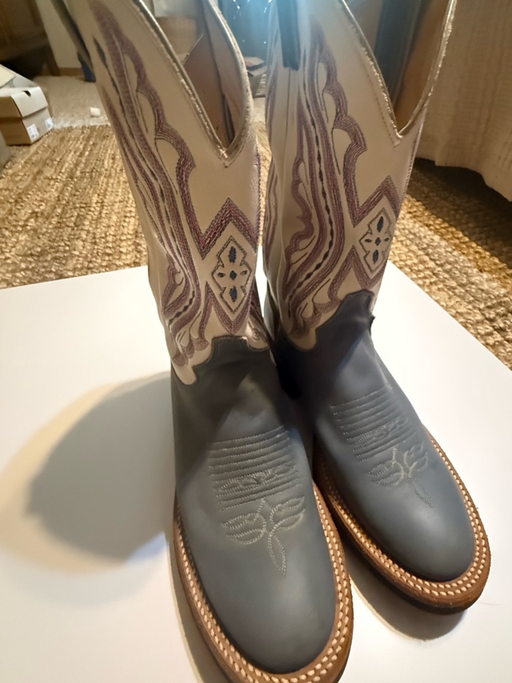 Justin Boots Gray Foot White Shaft Cowboy Boots with Purple Stitching Accents